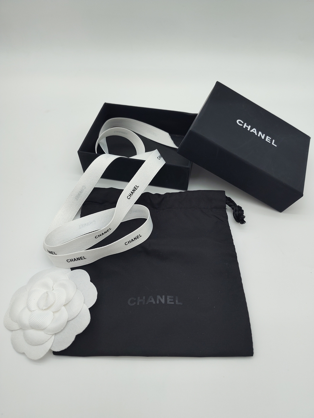 CHANEL Presentation Box Dust Bag Camellia Ribbon Gift Packaging Set Black EUC